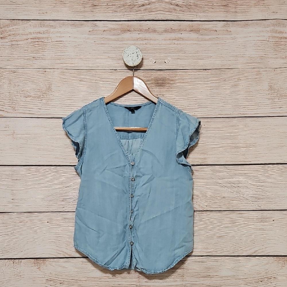 💜 Velvet Heart Sky Blue Cap Ruffle Sleeve Button Down Blouse Small